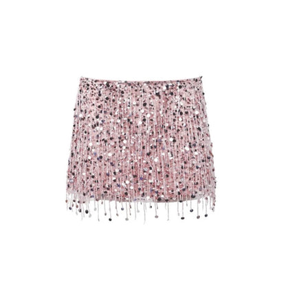 Women's Sequin Co Ord Set | Tassel Detail | Square Neck Top | Mini Skirt | Steven & Levon