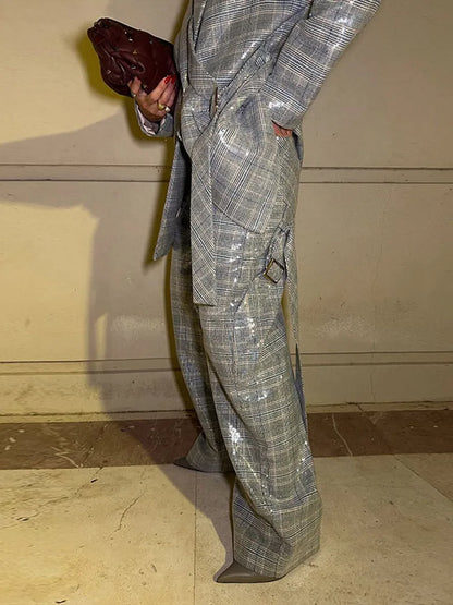 Women's Sequin Stripe Blazer | Co Ord Set | Wide Leg Trousers | Steven & Levon