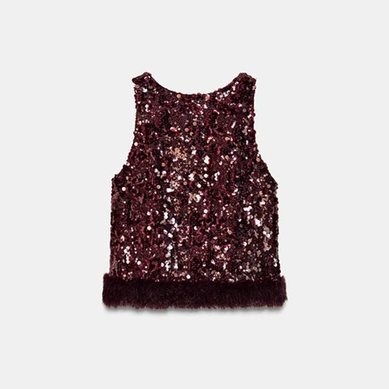 Women's Sequin Fur Patchwork Top | Co Ord Set | Wide Leg Jeans | Steven & Levon