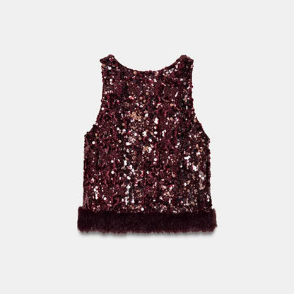Women's Sequin Fur Patchwork Top | Co Ord Set | Wide Leg Jeans | Steven & Levon