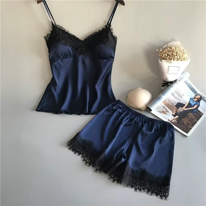 Lace Satin Pajama Set | Women's Sleeveless Top & Shorts | Soft Nightwear | Steven & Levon