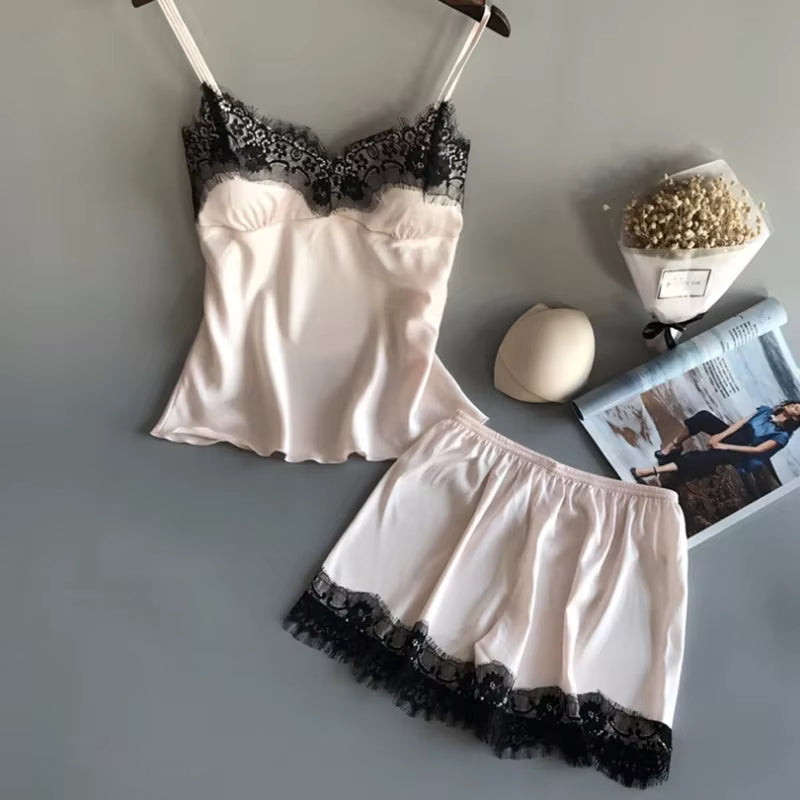 Lace Satin Pajama Set | Women's Sleeveless Top & Shorts | Soft Nightwear | Steven & Levon