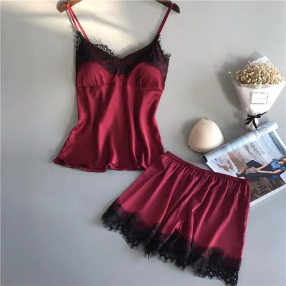 Lace Satin Pajama Set | Women's Sleeveless Top & Shorts | Soft Nightwear | Steven & Levon
