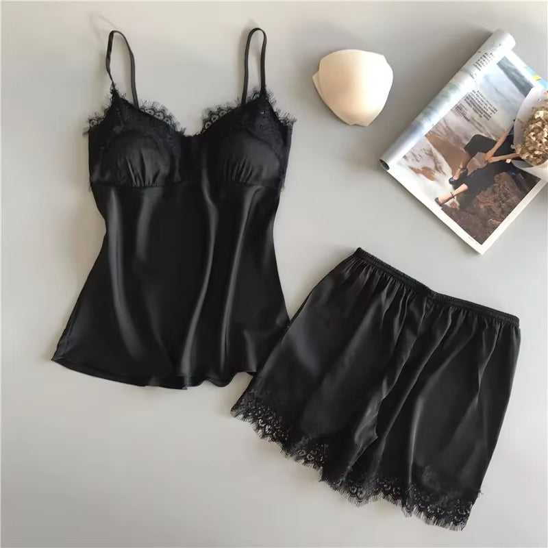 Lace Satin Pajama Set | Women's Sleeveless Top & Shorts | Soft Nightwear | Steven & Levon