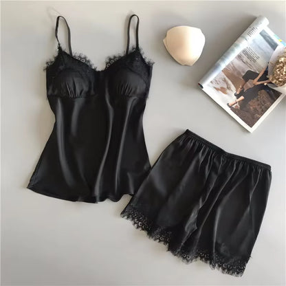 Lace Satin Pajama Set | Women's Sleeveless Top & Shorts | Soft Nightwear | Steven & Levon