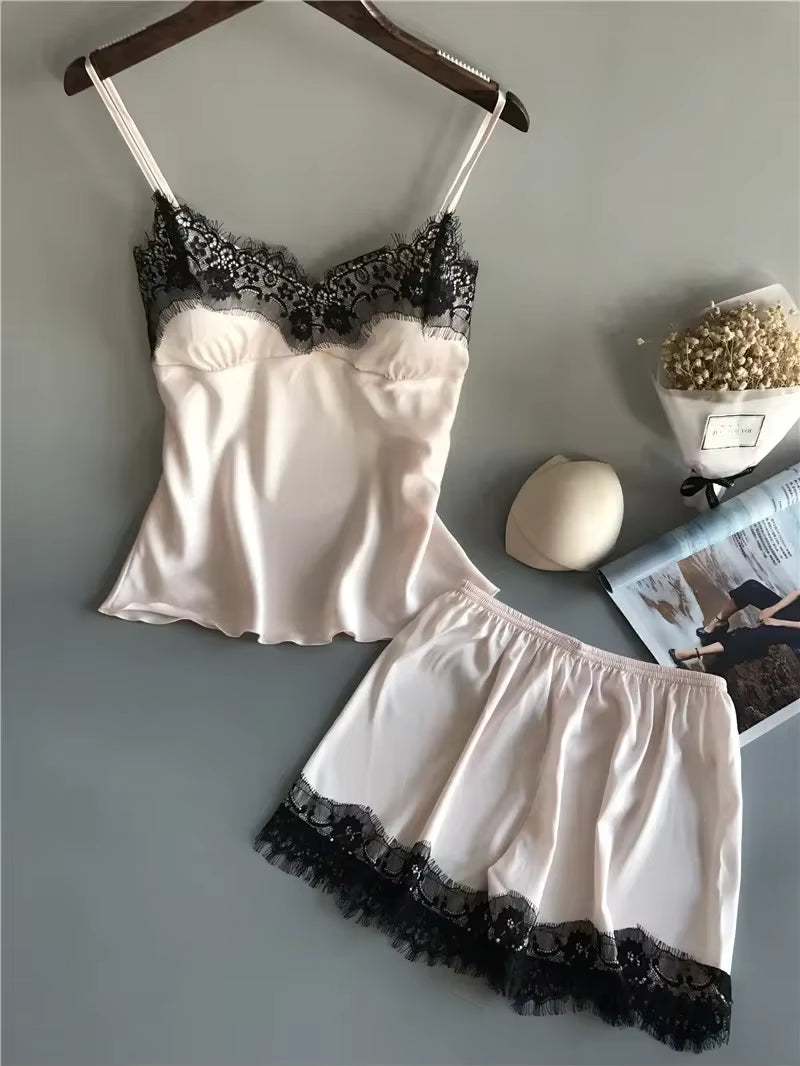 Lace Satin Pajama Set | Women's Sleeveless Top & Shorts | Soft Nightwear | Steven & Levon
