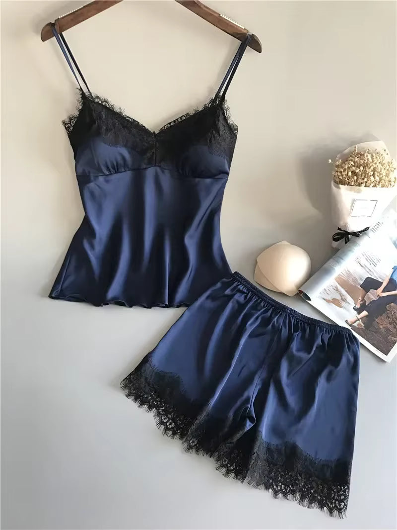 Lace Satin Pajama Set | Women's Sleeveless Top & Shorts | Soft Nightwear | Steven & Levon