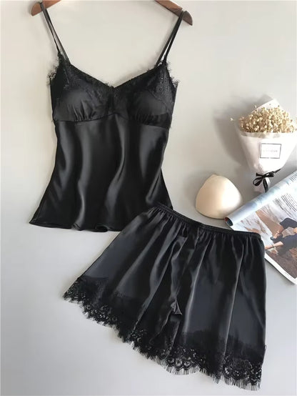 Lace Satin Pajama Set | Women's Sleeveless Top & Shorts | Soft Nightwear | Steven & Levon
