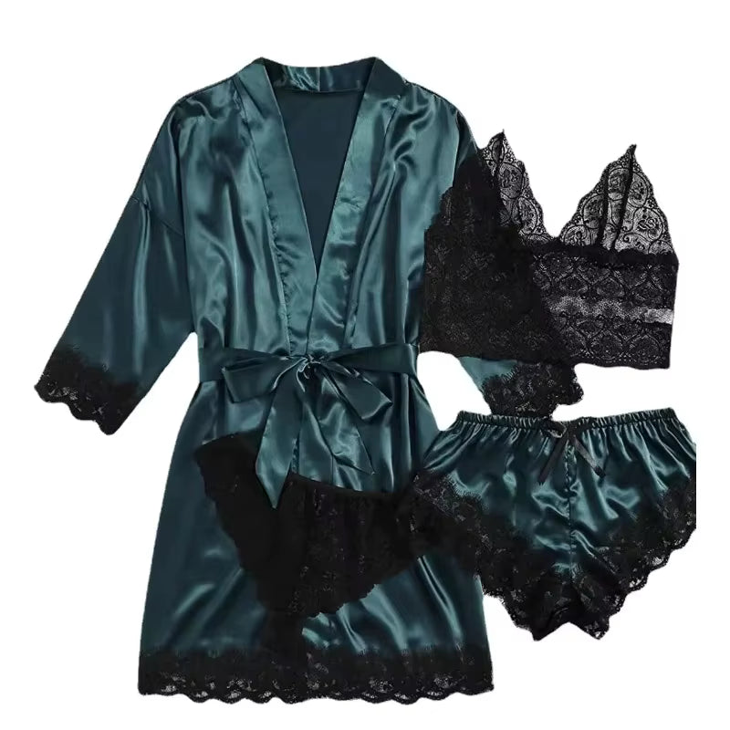 Women's 4-Piece Pajama Set | Satin & Lace | Silk Robe | Summer Sleepwear | Steven & Levon