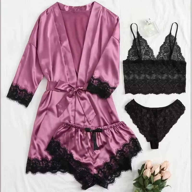 Women's 4-Piece Pajama Set | Satin & Lace | Silk Robe | Summer Sleepwear | Steven & Levon
