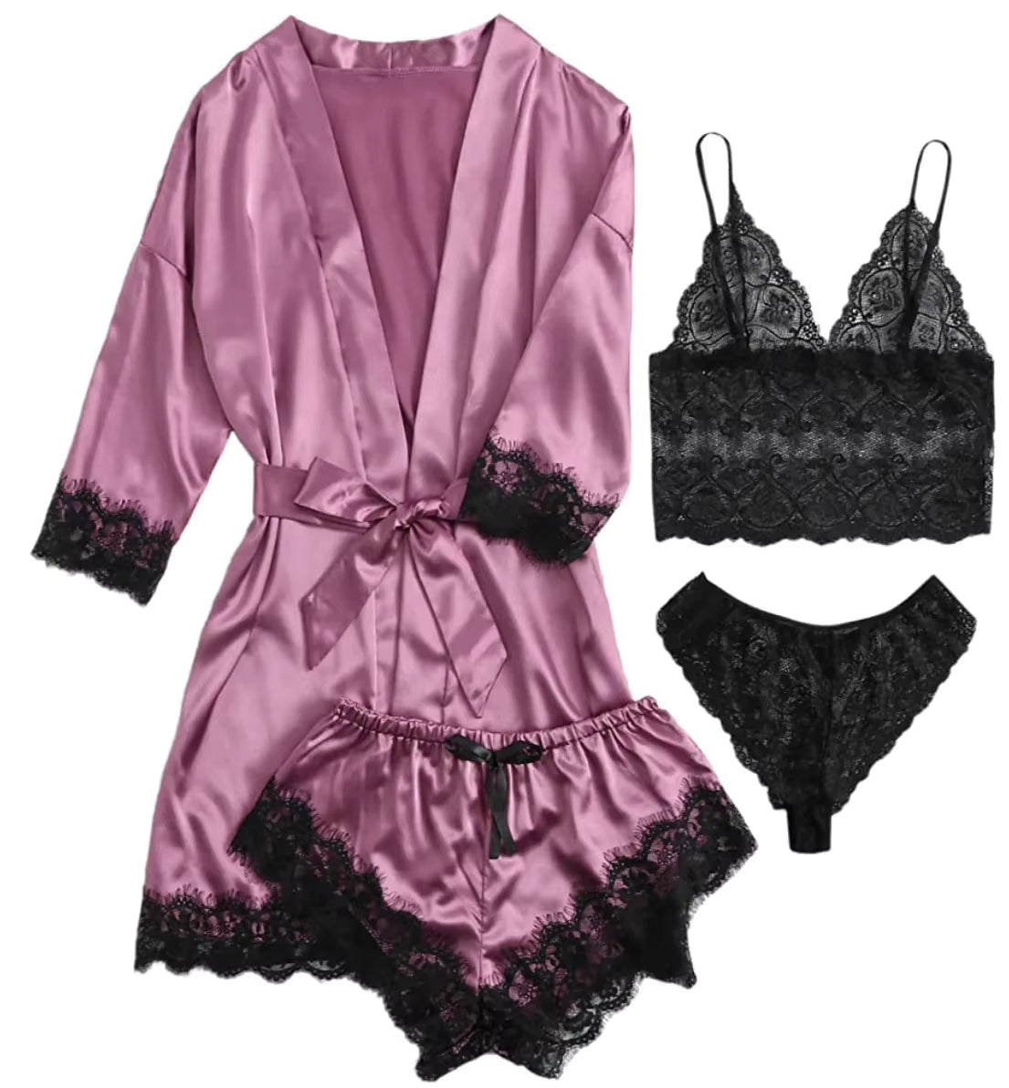 Women's 4-Piece Pajama Set | Satin & Lace | Silk Robe | Summer Sleepwear | Steven & Levon