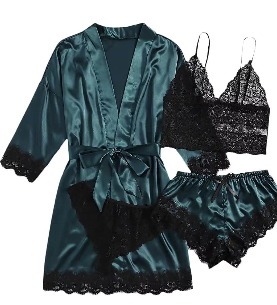 Women's 4-Piece Pajama Set | Satin & Lace | Silk Robe | Summer Sleepwear | Steven & Levon