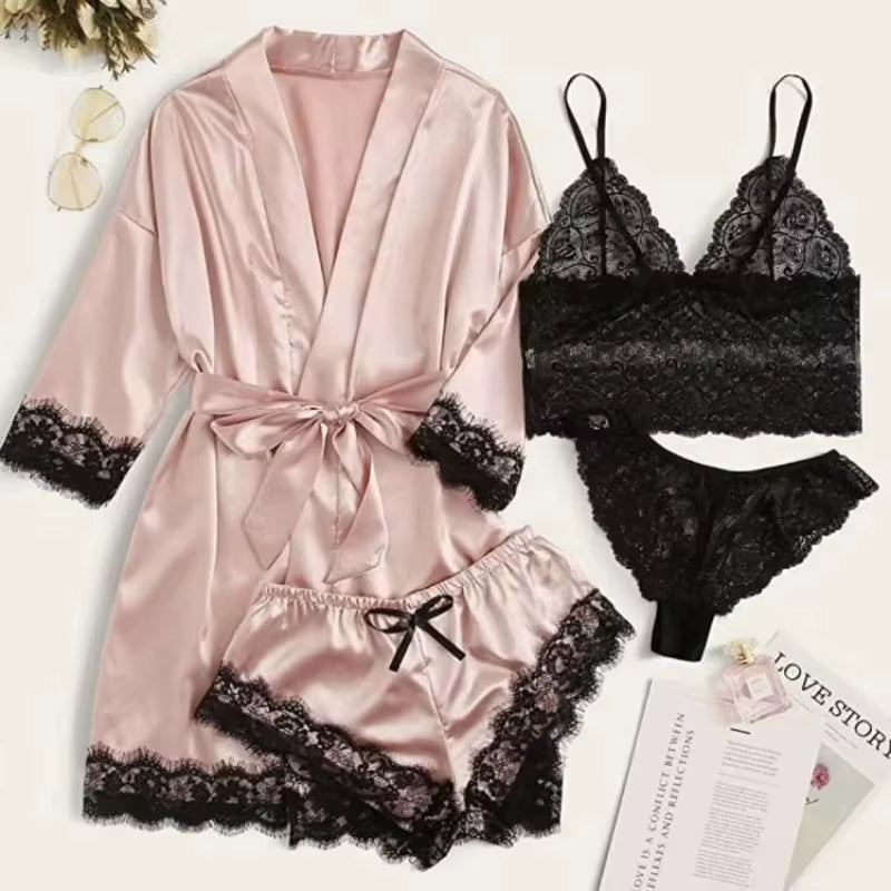 Women's 4-Piece Pajama Set | Satin & Lace | Silk Robe | Summer Sleepwear | Steven & Levon
