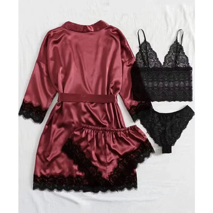 Women's 4-Piece Pajama Set | Satin & Lace | Silk Robe | Summer Sleepwear | Steven & Levon