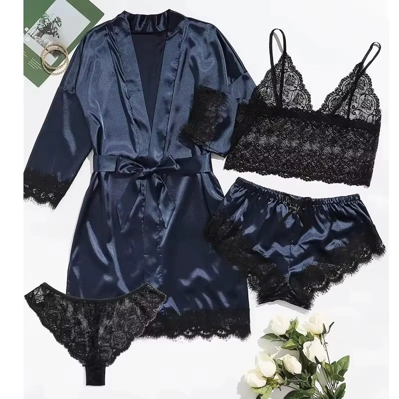 Women's 4-Piece Pajama Set | Satin & Lace | Silk Robe | Summer Sleepwear | Steven & Levon