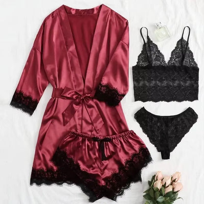 Women's 4-Piece Pajama Set | Satin & Lace | Silk Robe | Summer Sleepwear | Steven & Levon