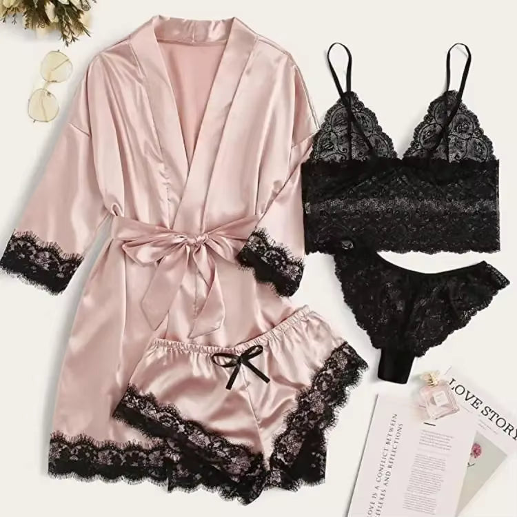 Women's 4-Piece Pajama Set | Satin & Lace | Silk Robe | Summer Sleepwear | Steven & Levon