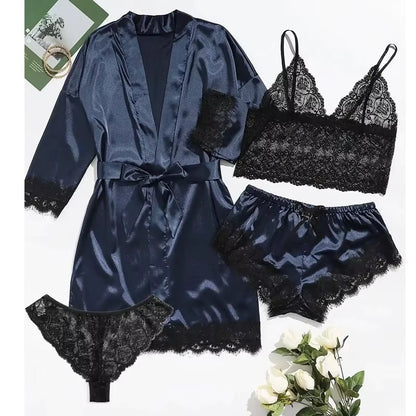 Women's 4-Piece Pajama Set | Satin & Lace | Silk Robe | Summer Sleepwear | Steven & Levon