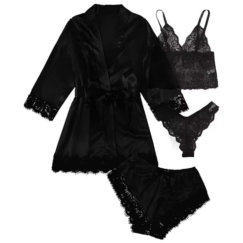 Women's 4-Piece Pajama Set | Satin & Lace | Silk Robe | Summer Sleepwear | Steven & Levon