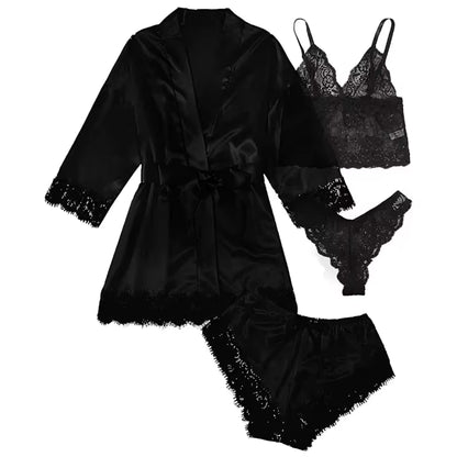 Women's 4-Piece Pajama Set | Satin & Lace | Silk Robe | Summer Sleepwear | Steven & Levon