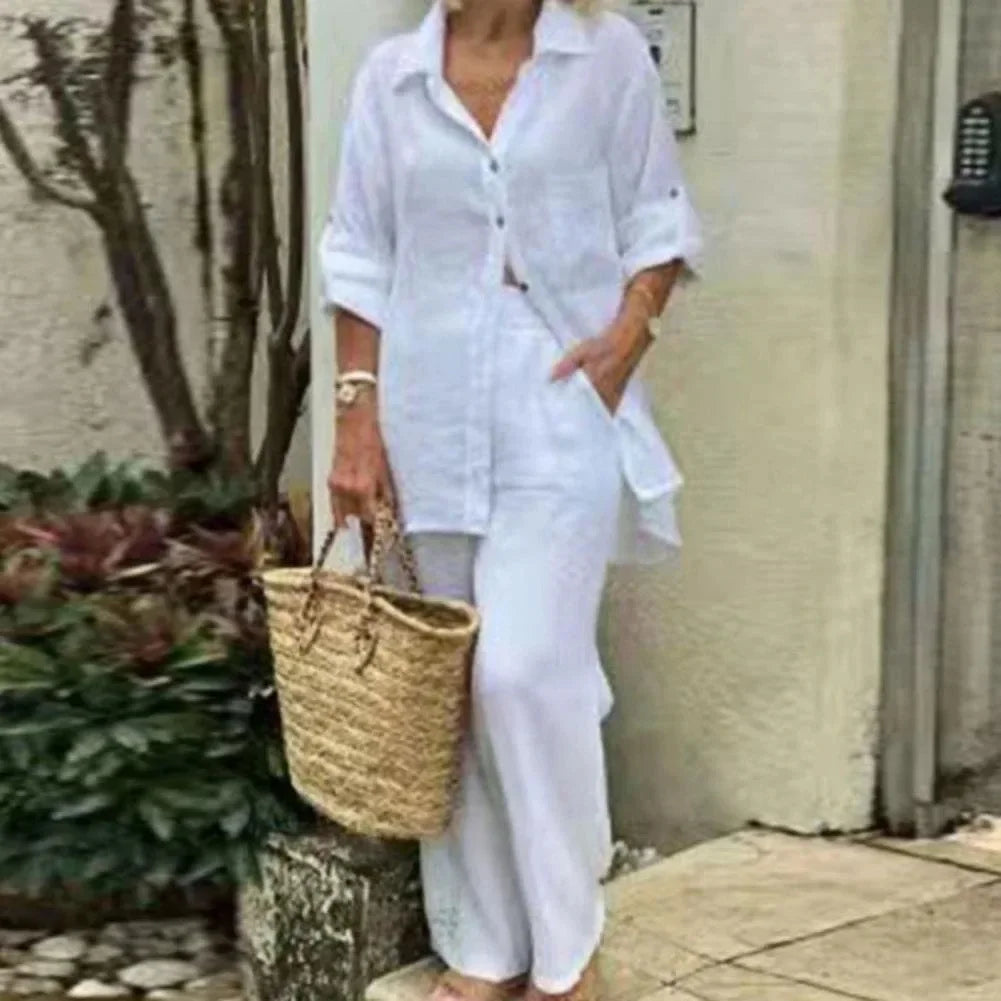 Women's Oversized Linen Blend Set | Long Sleeve Blouse & Wide-Leg Trousers | Relaxed Fit | Steven & Levon