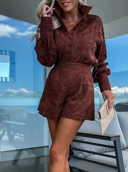 Women's Two-Piece Lace Set | Long-Sleeve Blouse & Shorts | Relaxed Fit | Steven & Levon