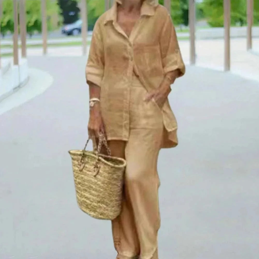 Women's Oversized Linen Blend Set | Long Sleeve Blouse & Wide-Leg Trousers | Relaxed Fit | Steven & Levon