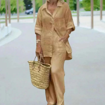 Women's Oversized Linen Blend Set | Long Sleeve Blouse & Wide-Leg Trousers | Relaxed Fit | Steven & Levon