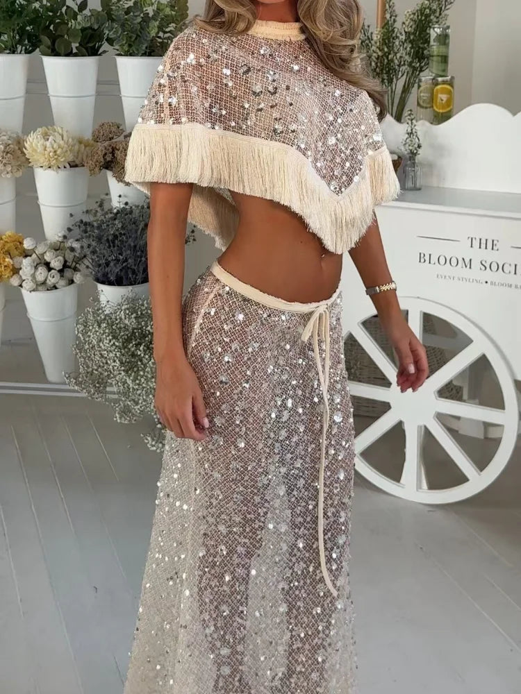 Women's Sequin Mesh Crop Top | Co Ord Set | Tassel Fringe Flared Trousers | Steven & Levon