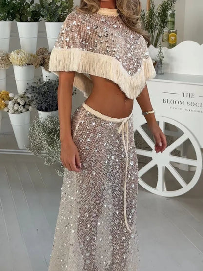 Women's Sequin Mesh Crop Top | Co Ord Set | Tassel Fringe Flared Trousers | Steven & Levon