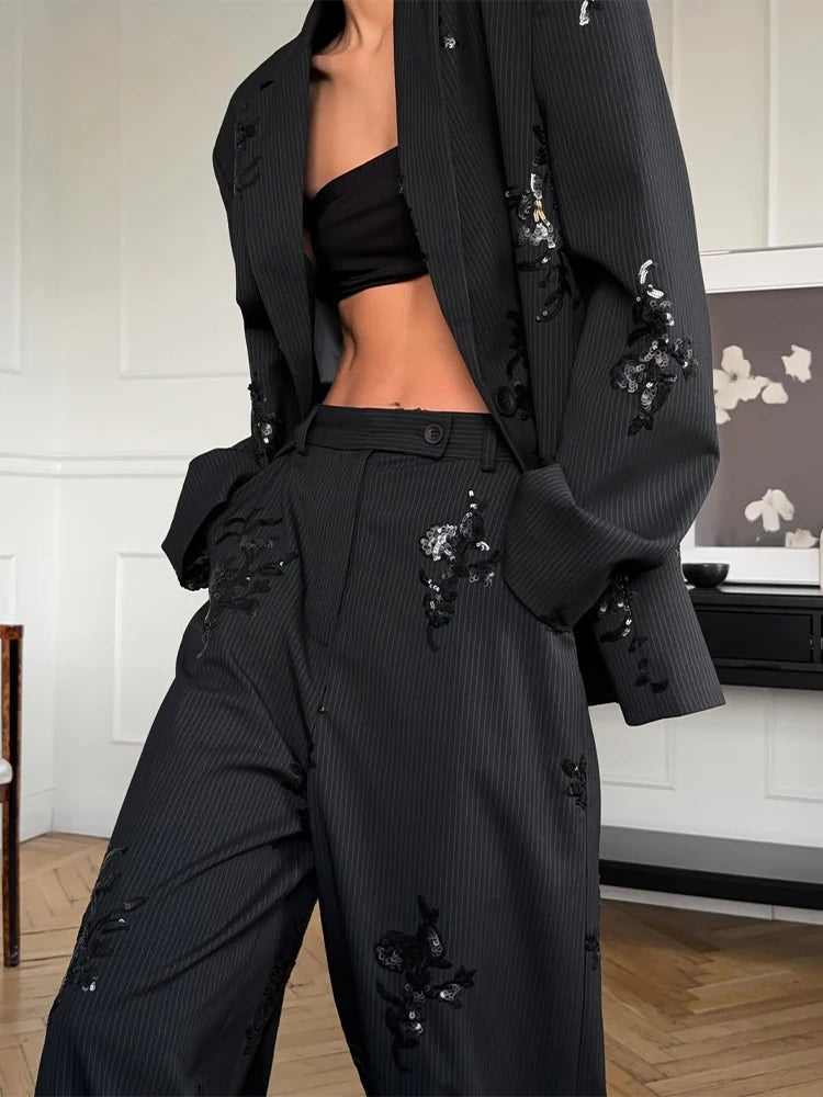 Women's Sequin Blazer | Co Ord Set | Wide Leg Trousers | Black | Steven & Levon
