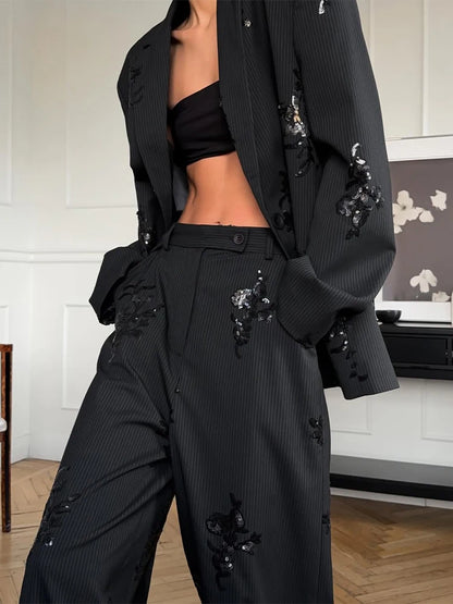 Women's Sequin Blazer | Co Ord Set | Wide Leg Trousers | Black | Steven & Levon