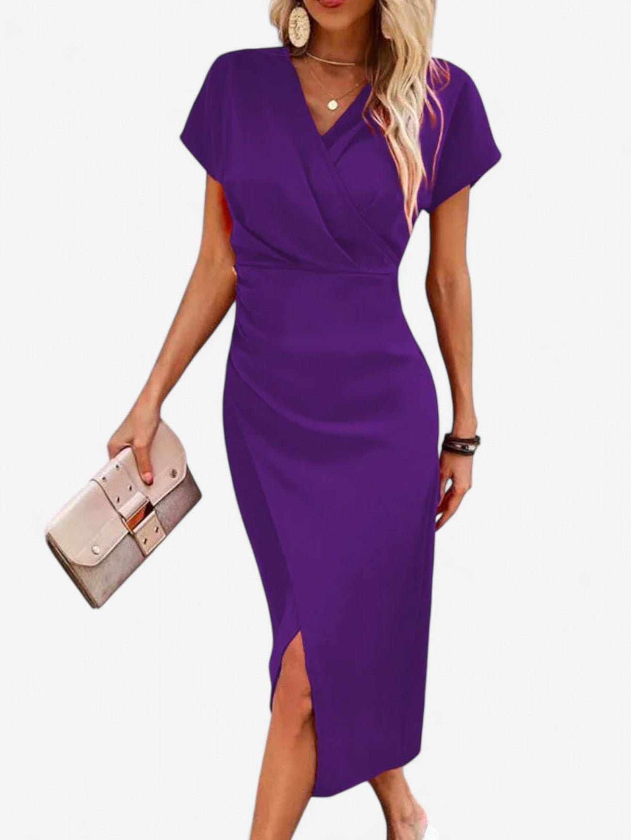 Formal Summer Maxi Dress | Women | Wrap V-Neck Side Slit Short Sleeve | Steven & Levon