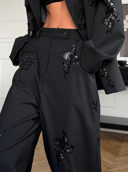 Women's Sequin Blazer | Co Ord Set | Wide Leg Trousers | Black | Steven & Levon