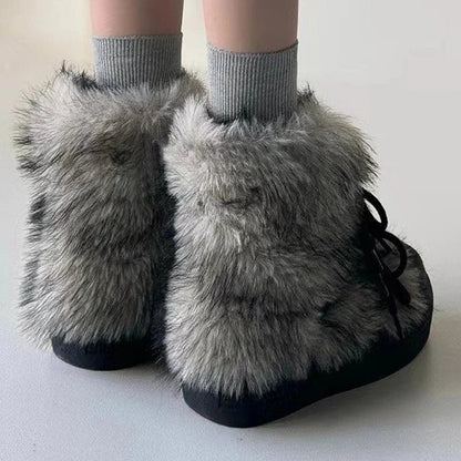 Women's Fur Snow Boots | Platform Ankle Boots | Bow Detail Slip On Winter Shoes | Steven & Levon