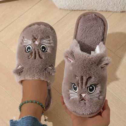Women's Plush Cat Slippers | Polyester Upper | Non Slip EVA Sole | Flat Heel | Steven & Levon