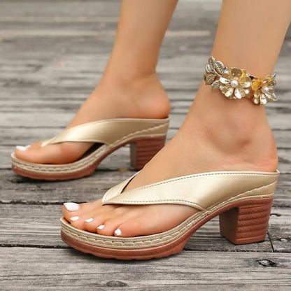 Women's Platform Heel Flip Flops | Thong Sandals | Faux Leather | Chunky Block Heel Slip-On Summer Sandals | Steven & Levon