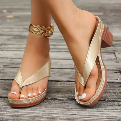 Women's Platform Heel Flip Flops | Thong Sandals | Faux Leather | Chunky Block Heel Slip-On Summer Sandals | Steven & Levon