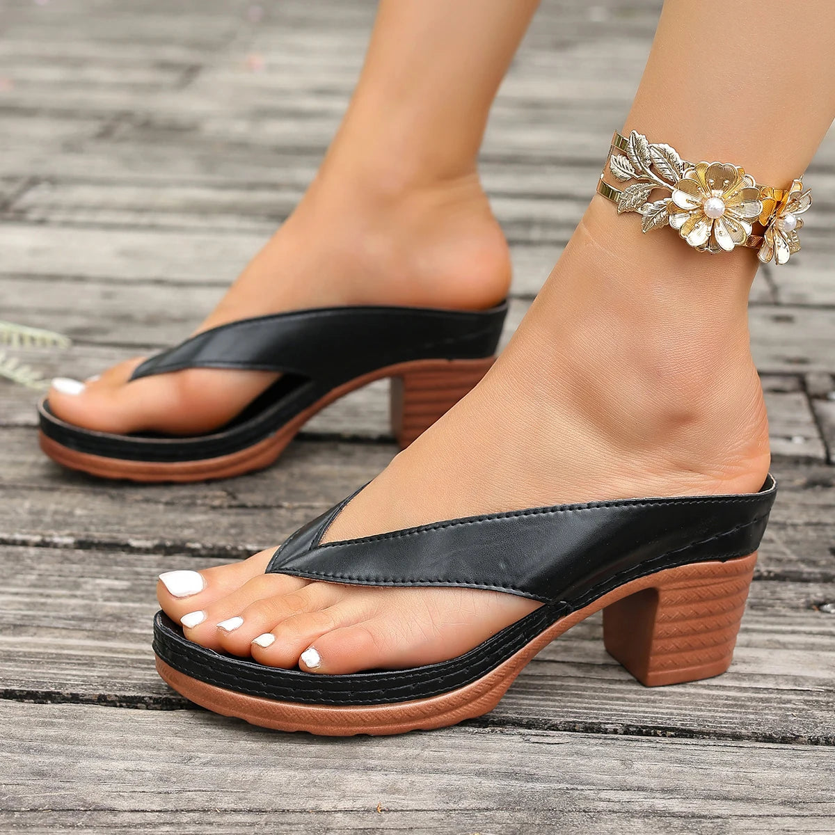 Women's Platform Heel Flip Flops | Thong Sandals | Faux Leather | Chunky Block Heel Slip-On Summer Sandals | Steven & Levon