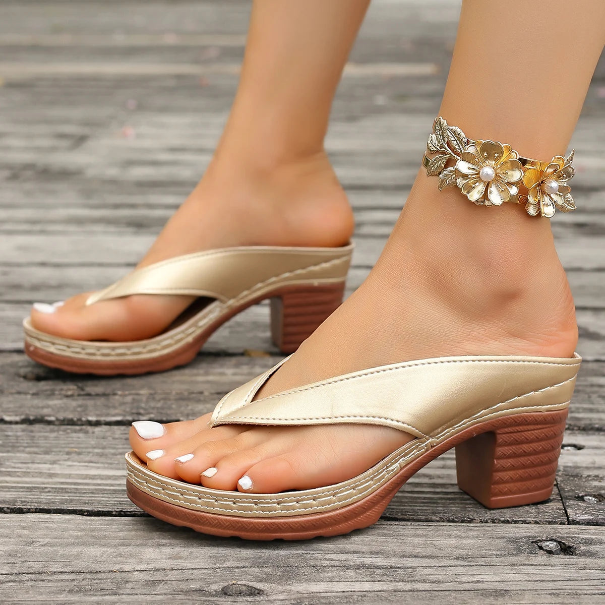 Women's Platform Heel Flip Flops | Thong Sandals | Faux Leather | Chunky Block Heel Slip-On Summer Sandals | Steven & Levon