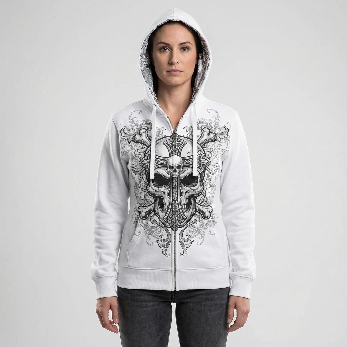 Skullgrafx - Zip-Up Graphic Print Hoodie  Street Style Layering