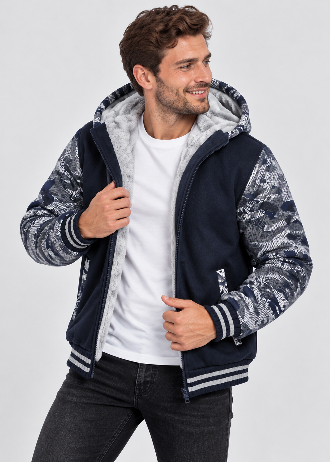 Men's Fleece Jacket | Camouflage Pattern | Hooded Zip Front | Ribbed Cuffs | Steven & Levon