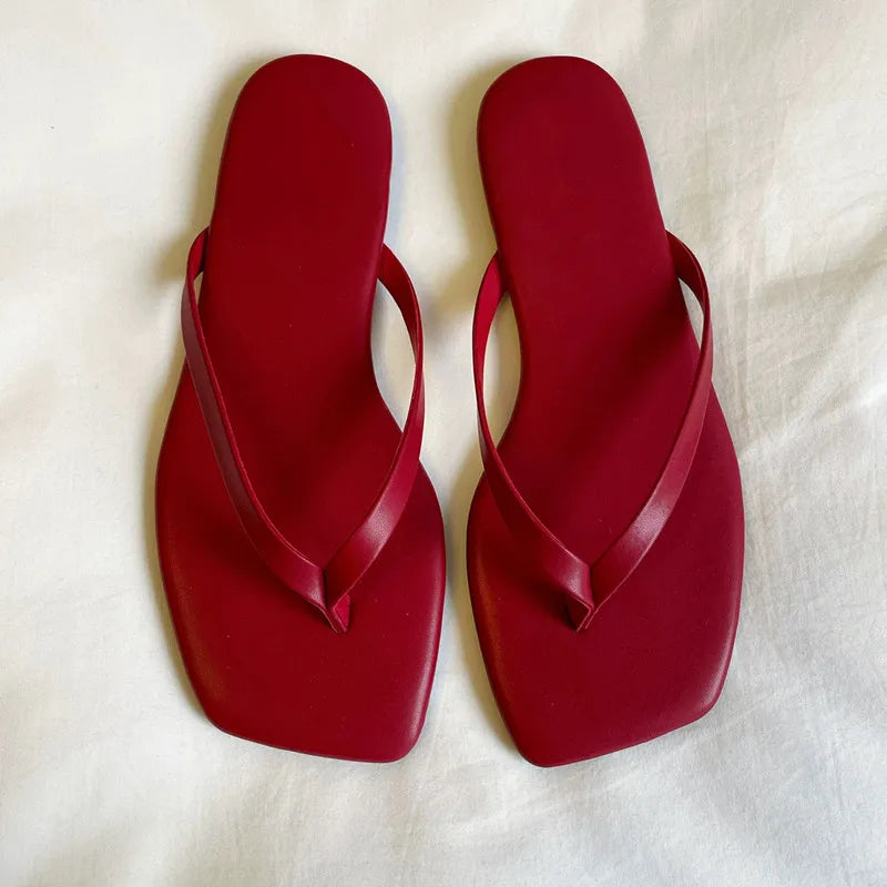 Women's Square Toe Flip Flops | Flat Thong Sandals | Faux Leather | Minimalist Slip-On Summer Beach Slides | Steven & Levon