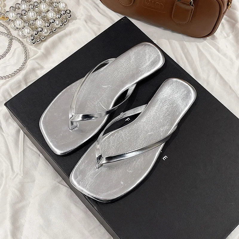 Women's Square Toe Flip Flops | Flat Thong Sandals | Faux Leather | Minimalist Slip-On Summer Beach Slides | Steven & Levon