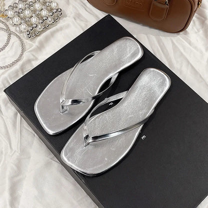 Women's Square Toe Flip Flops | Flat Thong Sandals | Faux Leather | Minimalist Slip-On Summer Beach Slides | Steven & Levon