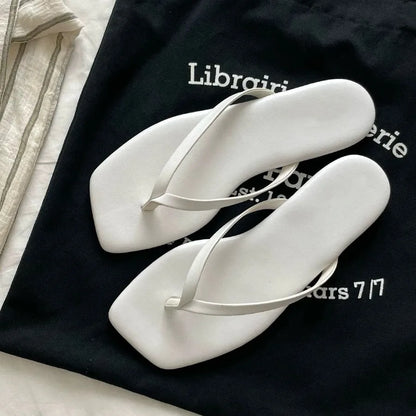 Women's Square Toe Flip Flops | Flat Thong Sandals | Faux Leather | Minimalist Slip-On Summer Beach Slides | Steven & Levon