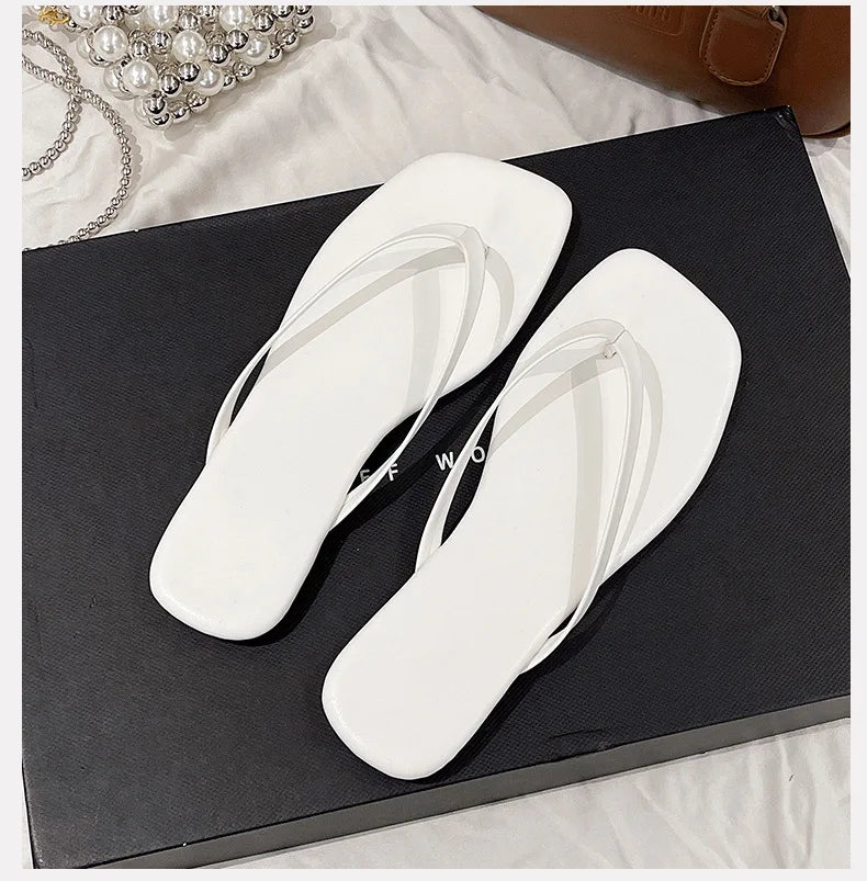 Women's Square Toe Flip Flops | Flat Thong Sandals | Faux Leather | Minimalist Slip-On Summer Beach Slides | Steven & Levon