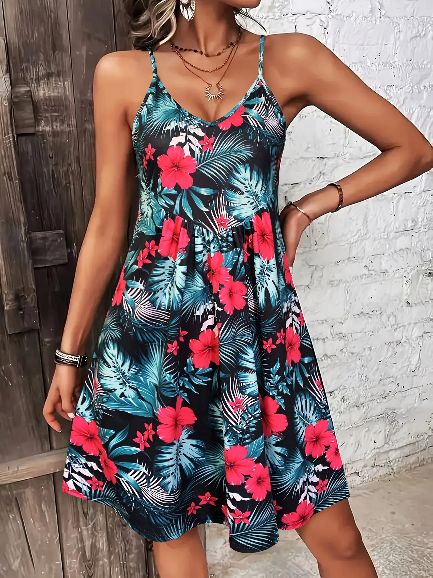 Mini Dress | Women's Floral Square Neck Spaghetti Strap Dress | A-Line | Steven & Levon