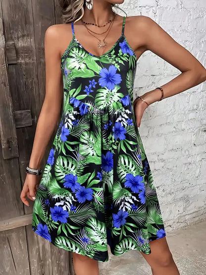 Mini Dress | Women's Floral Square Neck Spaghetti Strap Dress | A-Line | Steven & Levon
