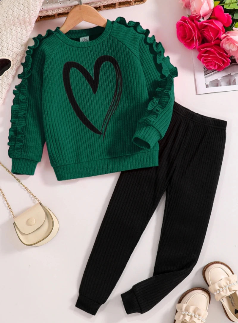 Girls Heart Print Knit Sweater & Leggings Set | Long Sleeve | Casual Outfit | Steven & Levon